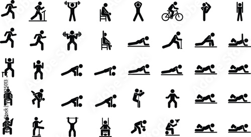 Gym Exercise and Fitness Stick Figure Icons Set Featuring Running Weightlifting Cycling Pushups Squats Stretching and Personal Training Vector Illustration