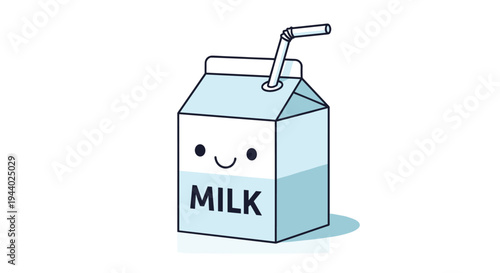 Cute milk carton character with a smiley face and a straw representing a healthy and fun drink for children.
