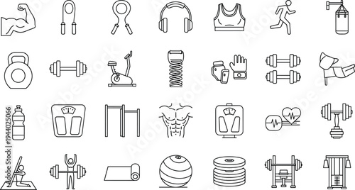 Gym Fitness and Workout Icon Set Featuring Training Equipment Weightlifting Gear Athletic Apparel Health Tracking and Bodybuilding Exercise Vector Illustration