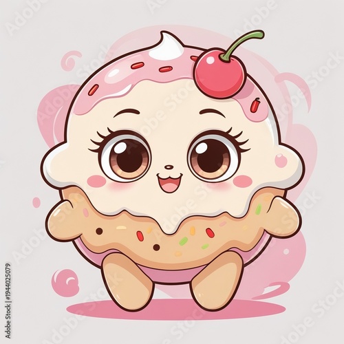 Cute Kawaii Cake Mascot Character with Big Eyes and Sweet Smile