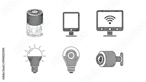Black and white illustration of various smart home devices including a speaker, monitor, computer screen with Wi-Fi symbol, light bulb, motion detector, and security camera on a clean white