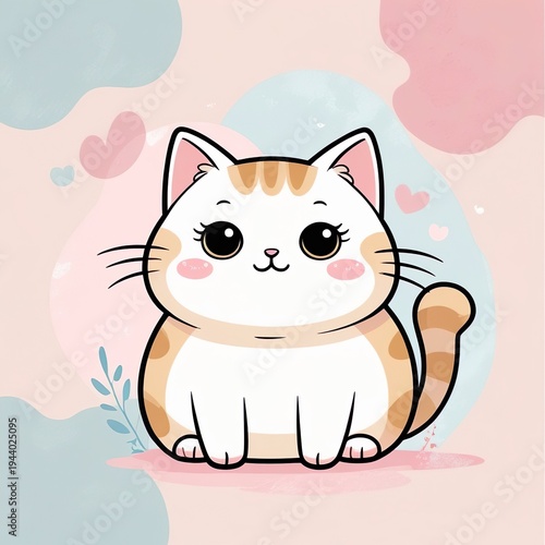 Adorable Chubby Kawaii Cat with Big Eyes in Pastel Cartoon Style