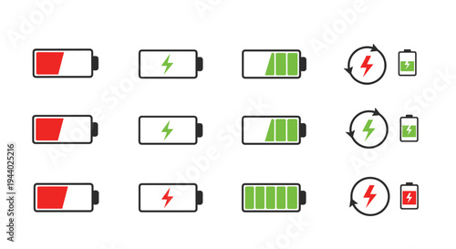 Set of battery level icons showing different charge states from empty to full with charging and recycle symbols.