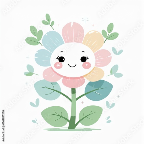 Cute Kawaii Flower Character with Smiling Face in Pastel Colors