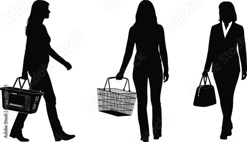 Silhouette Set of Women Shopping with Grocery Baskets and Handbag Showing Various Walking Poses for Retail Business and Consumerism Vector