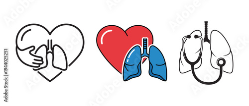 Collection of simple medical icons representing lungs and heart health awareness