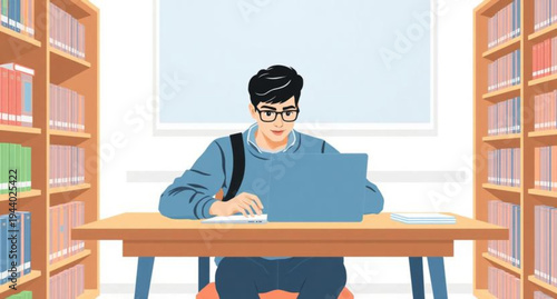 A young woman and student sitting at a library desk study for her education with a book and computer while reading among people in a professional office or school work environment