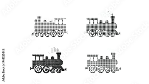 Four vintage steam locomotives in different grayscale tones, arranged in two rows on a white background.