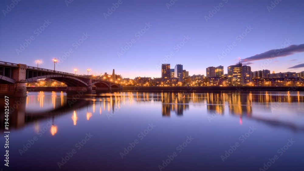 Naklejka premium Cityscape at Dusk with Bridge and Reflections