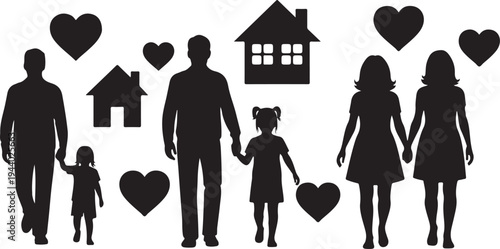 Silhouettes of loving families with hearts and houses icons