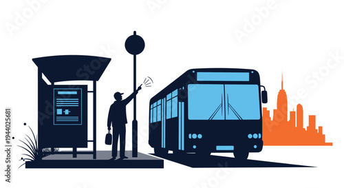 Silhouette illustration of a man waiting at a bus stop in a city at dusk with a bus arriving in the distance.