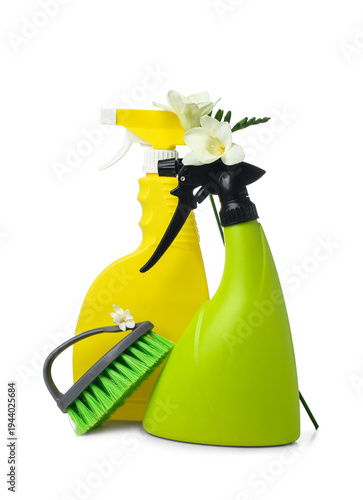 Bottles of detergents with ...