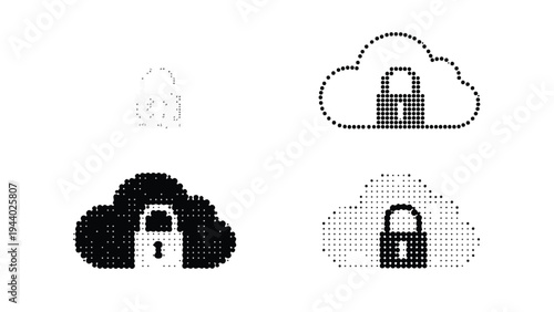 Four cloud computing security icons with padlocks in various grayscale tones and pixelated styles on a white background.