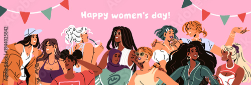 Happy Women's Day festive banner design. Template for March 8 with diverse girls celebrating together. Cute layout for feminists' movement, sisterhood support holiday. Flat vector illustration