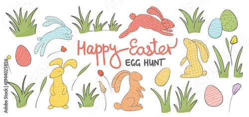 Cartoon Happy Easter, Eggs Hunt greeting card Hand drawn set with bunny, eggs, flowers, grass. Naive sketch style spring illustrations for Easter greetings, nursery decor.