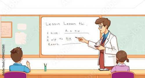 A cartoon vector illustration of a woman teacher and students in a school classroom with a blackboard and desks for education