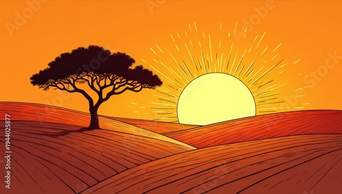 African Sunset with Acacia Tree and Rolling Hills