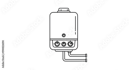 Line art illustration of a wall mounted gas water heater with control knobs and pipes for domestic heating.