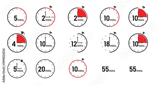 Comprehensive set of timer icons showing various minute intervals from five to fifty five for time management.