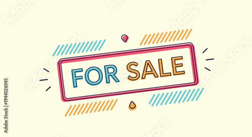 Promotional for sale sign in a bright decorative frame with colorful lines for real estate or retail advertising.