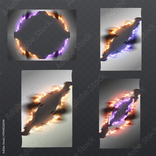 Set of burning paper tear holes with fire and glowing energy edges damage effect.