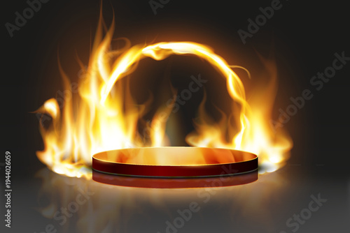 Flaming magic circle hovering above display podium with dramatic fire light effect.