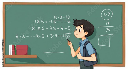 A smiling woman teacher stands in front of a classroom chalkboard giving a math lesson to a young boy student during a back to school education session