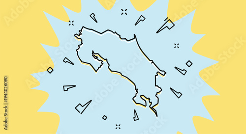 Geographical map outline of Costa Rica featured on a vibrant yellow and blue comic style splash background.