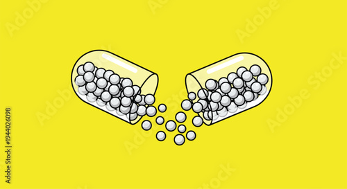 Open pharmaceutical capsule releasing many small white pellets representing medicine or health supplements.