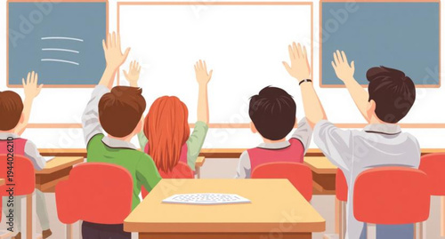 A smiling teacher stands in an elementary classroom with a group of children sitting at desks, capturing a back to school concept focused on education and learning