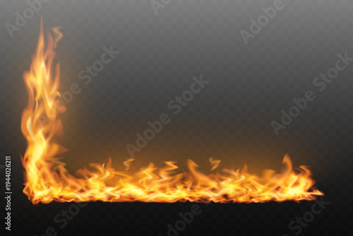 Realistic burning fire frame border with flames isolated on transparent background hot flame effect.
