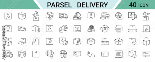 Collection of 40 parcel delivery icons in line style for logistics and shipping concepts