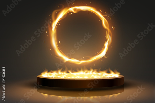 Glowing fire circle portal with burning flame ring above podium stage dramatic magic effect.