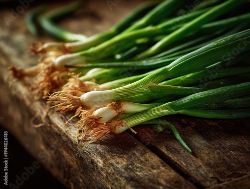 Fresh scallions lying on rustic wooden table