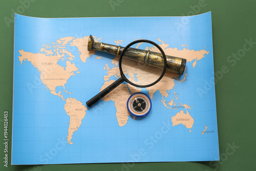 Modern compass, world map a...