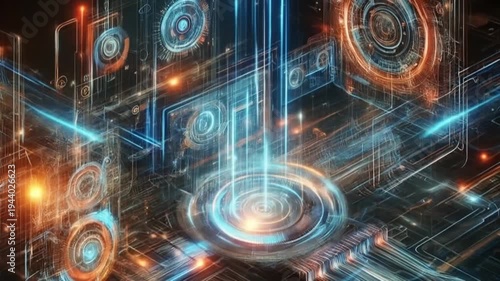 Abstract Futuristic City Buildings with Colorful Digital Light Technology
