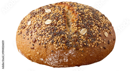 Freshly baked round multi-grain bread roll with a crunchy topping of sesame, chia, and flax seeds, perfect for healthy breakfast or sandwich isolated PNG with Transparent Background