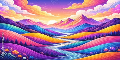 Abstract colorful rainbow wave landscape with mountains and sun bright vector background illustration