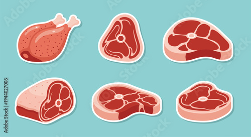Selection of raw meat stickers including beef steaks, pork cuts, and a whole chicken leg for culinary themes.