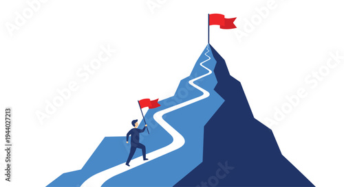 Businessman climbing a steep mountain path to reach a red goal flag at the summit representing success.