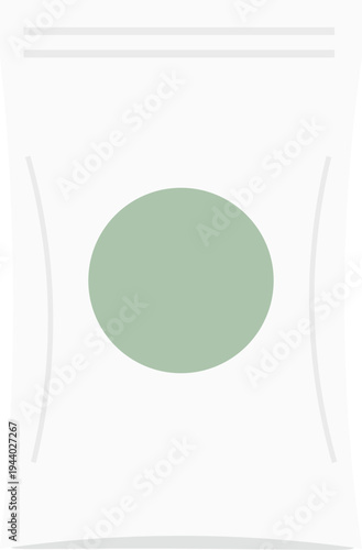 Flat vector illustration of a white flexible pouch packaging, commonly used for snacks, coffee, or cosmetics. The design features a prominent sage green circular label in the center.