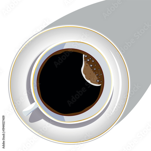 top View Americano Black Coffee in White Ceramic Cup with Gold Trim and Saucer, Realistic Beverage Illustration with Long Shadow and Bubbles