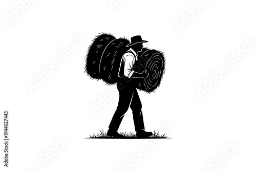 Silhouette of farmer carrying hay bales: rural agriculture theme