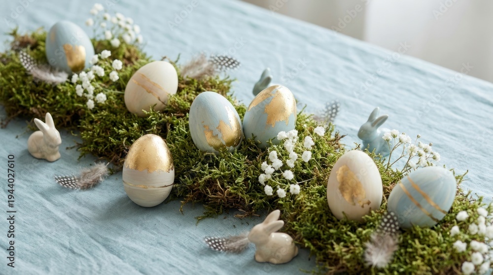 Obraz premium Chic easter eggs and moss on blue festive spring background