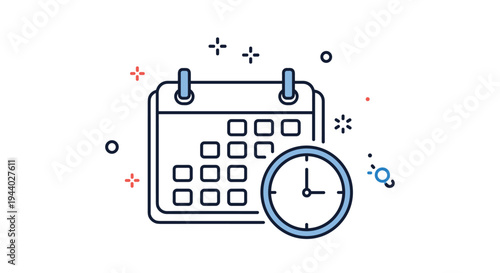 Calendar and clock icons together symbolizing time management, appointments, and meeting schedules.