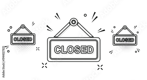 Closed signs hanging on ropes with comic halftone background effects illustrate store closure or end of business hours.