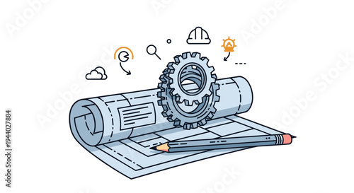 Industrial design concept featuring technical blueprints with gears and a pencil represents engineering and construction planning.