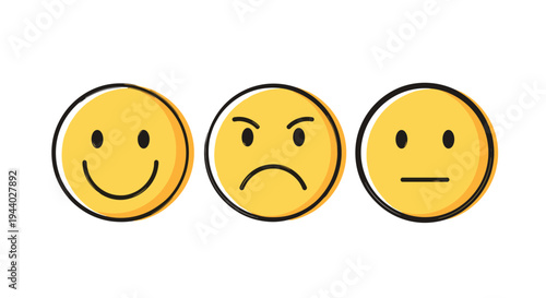 Set of yellow emoticons showing happy, angry, and neutral facial expressions provides a visual representation for customer feedback.