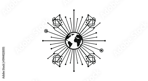 global business earth illustration with sunburst lines and crystals