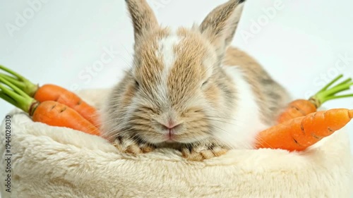 Cute Fluffy Bunny Rabbit Resting with Fresh Carrots in Soft Bed